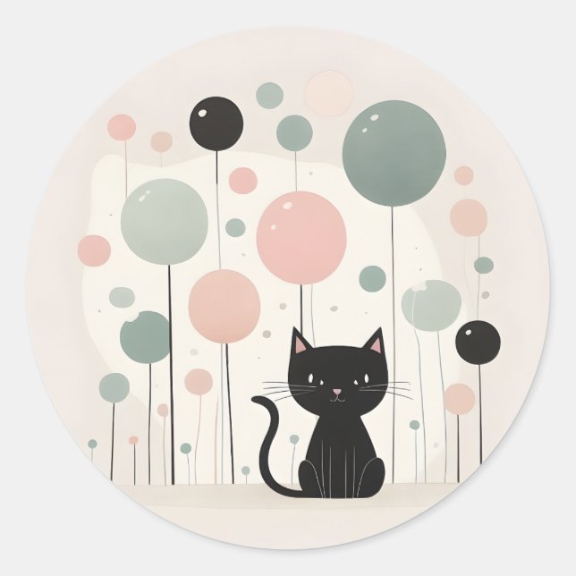 Minimalist Boho Cute Black Cat with Balloons  Classic Round Sticker (Front)