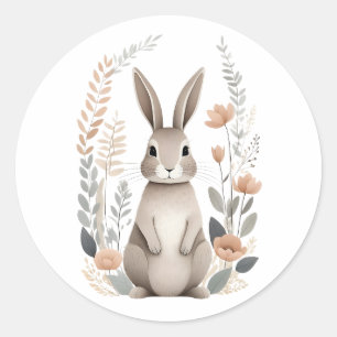Minimalist Boho Cute Bunny Rabbit with Flowers Classic Round Sticker