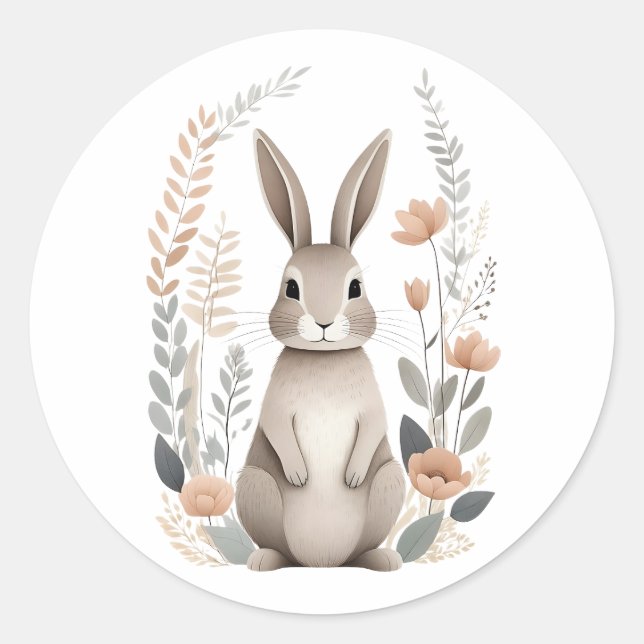 Minimalist Boho Cute Bunny Rabbit with Flowers Classic Round Sticker (Front)