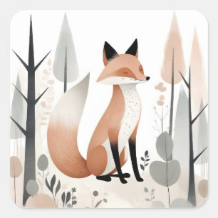 Minimalist Boho Cute Fox in a Forest Square Sticker