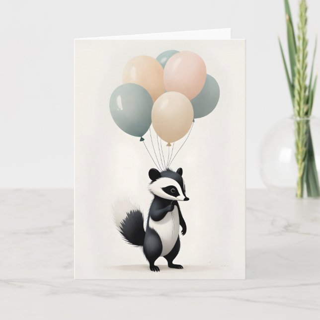 Minimalist Boho Cute Skunk with Balloons Blank Card (Front)