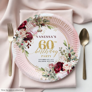 Minimalist Boho Deep Red Blush Gold Roses Plates