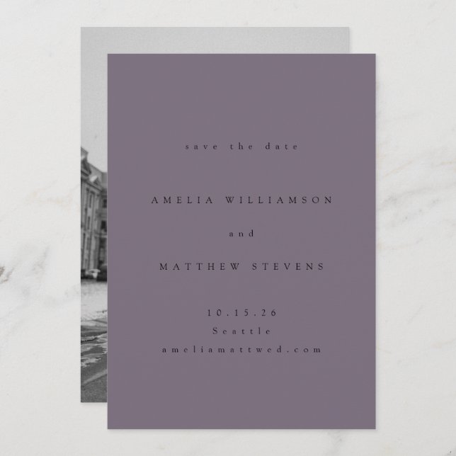 Minimalist Boho Dusty Purple Photo Wedding Save The Date (Front/Back)