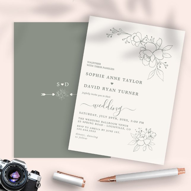 Minimalist Boho Elegant Sage Green Simple Wedding Invitation (elegant trendy modern sage green wedding, sage green wedding invitation, boho sage green invitation)