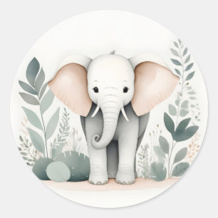 Minimalist Boho Elephant Forest Green Leaves  Classic Round Sticker