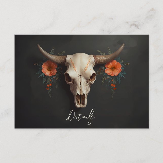 Minimalist Boho Floral Cow Skull Wedding QR code Enclosure Card (Front)