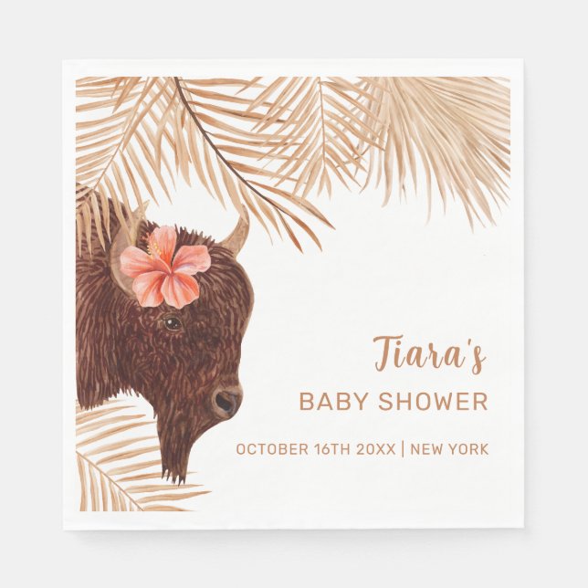 Minimalist Boho Floral Holy Cow Girl Baby Shower Napkin (Front)