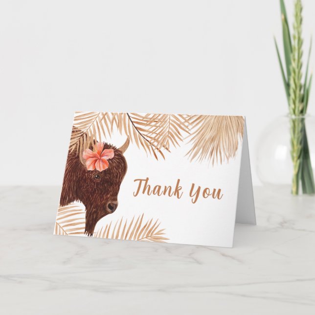 Minimalist Boho Floral Holy Cow Girl Baby Shower Thank You Card (Front)