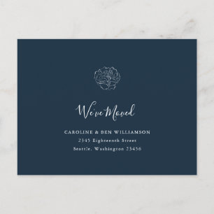Minimalist Boho Floral Moved Address Navy Blue Postcard