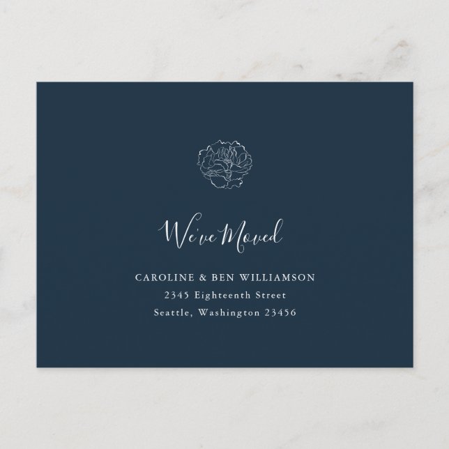 Minimalist Boho Floral Moved Address Navy Blue Postcard (Front)