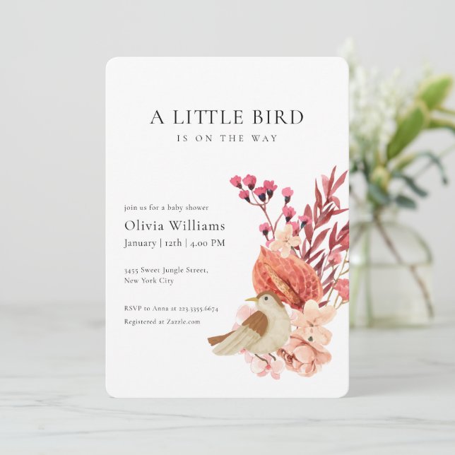 Minimalist Boho Flower Tiny Bird Baby Shower   Invitation (Standing Front)