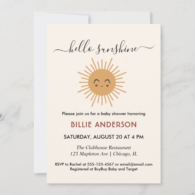 Minimalist Boho girl Hello Sunshine baby shower Invitation (Front)