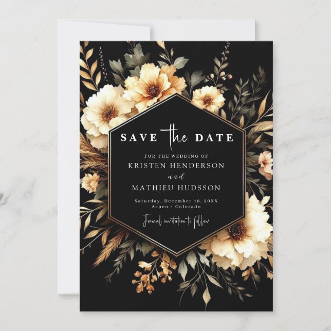 Minimalist Boho Gold and Black Wedding Save The Date (Front)