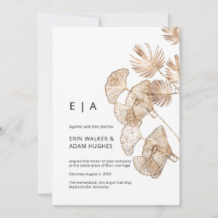 Minimalist Boho Gold Ginko & Palm Modern Wedding Invitation