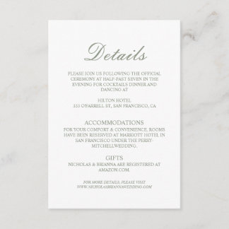 Minimalist Boho Green Elegant Wedding Details Enclosure Card