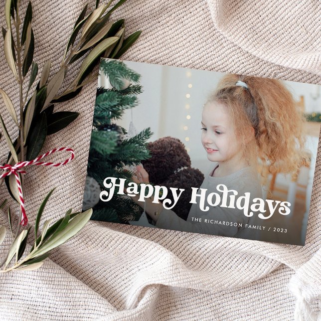 Minimalist Boho / Happy Holidays with Photo Holiday Card (A stylish and whimsical holiday card with boho typography and a green colored back)
