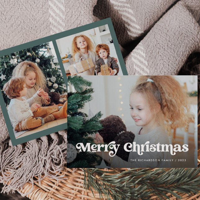 Minimalist Boho / Merry Christmas Multi Photo Holiday Card (A trendy, boho multi photo Christmas card in green)