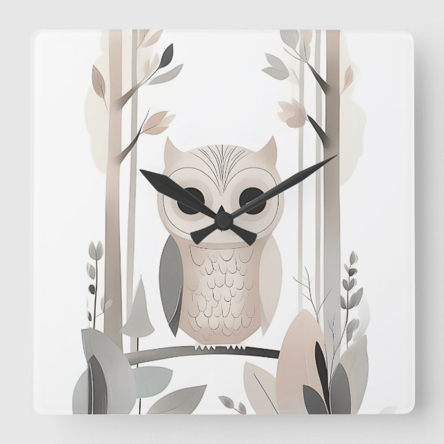 Minimalist Boho Owl in Forest Nursery Kids Room Square Wall Clock (Front)