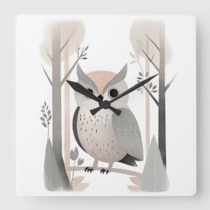 Minimalist Boho Owl in Woods Nursery Kids Room Square Wall Clock