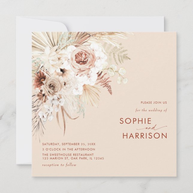 Minimalist Boho Pampas Grass Square Wedding Invitation (Front)