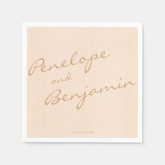 Minimalist Boho Peach Gold Script Wedding Custom Napkin (Front)