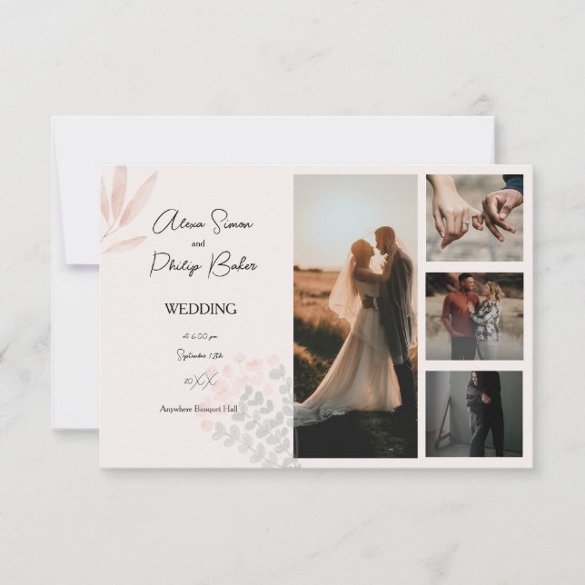 Minimalist Boho Photo Collage Wedding RSVP Card (Front)