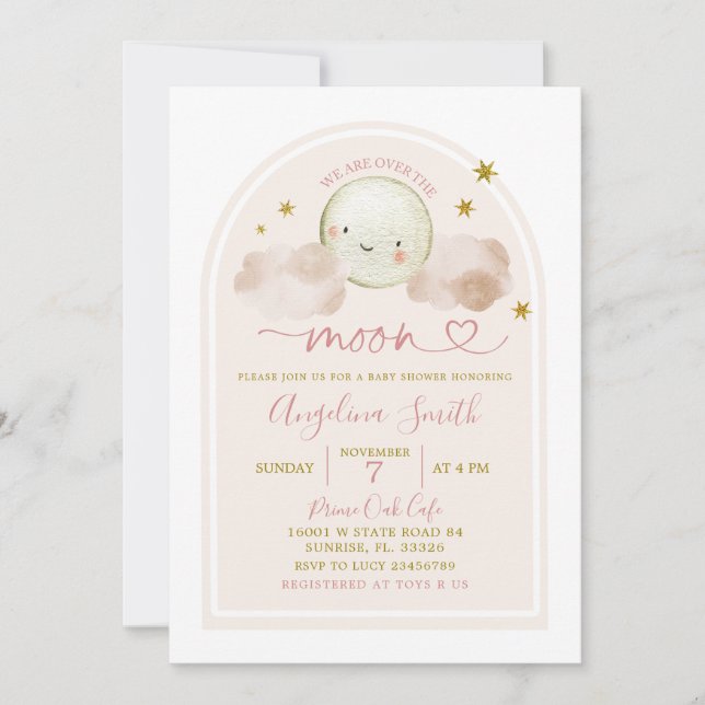 Minimalist Boho Pink Over The Moon Baby Shower Invitation (Front)