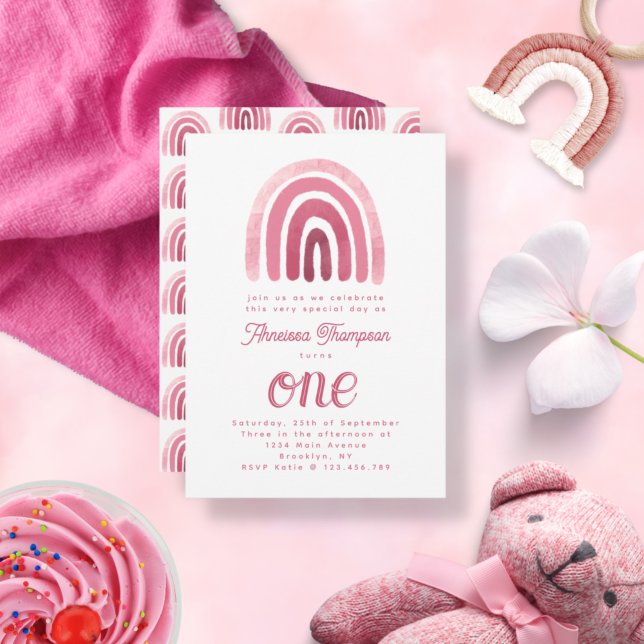 Minimalist Boho Pink Rainbow First Birthday Invitation (Creator Uploaded)