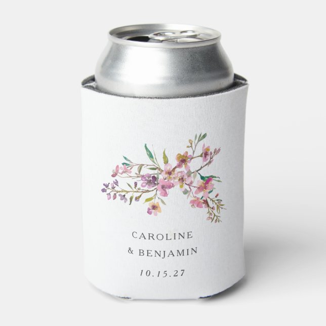 Minimalist Boho Pink Wildflowers Wedding Custom Can Cooler (Can Front)