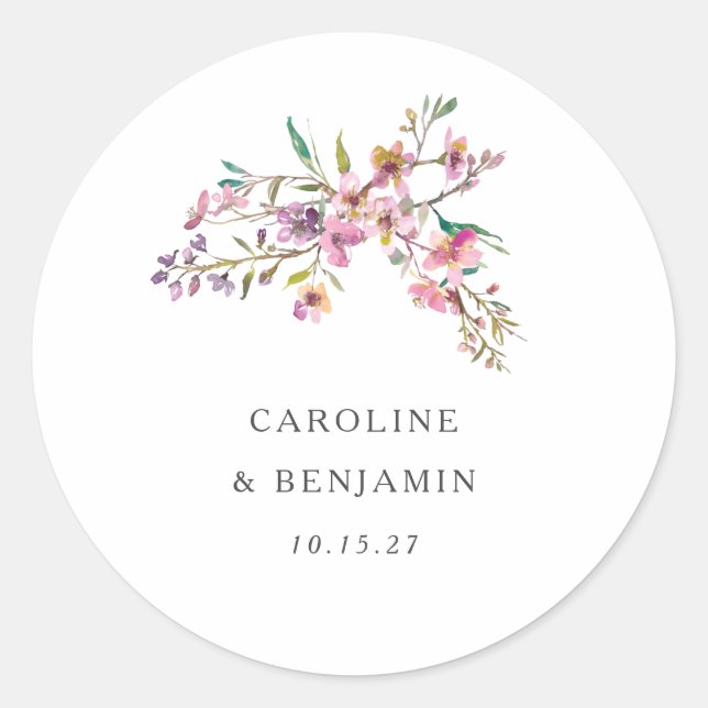 Minimalist Boho Pink Wildflowers Wedding Custom Classic Round Sticker (Front)