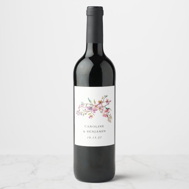Minimalist Boho Pink Wildflowers Wedding Custom Wine Label (Front)