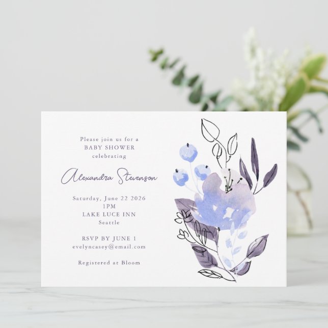 Minimalist Boho Purple Floral Baby Shower Invitation (Standing Front)