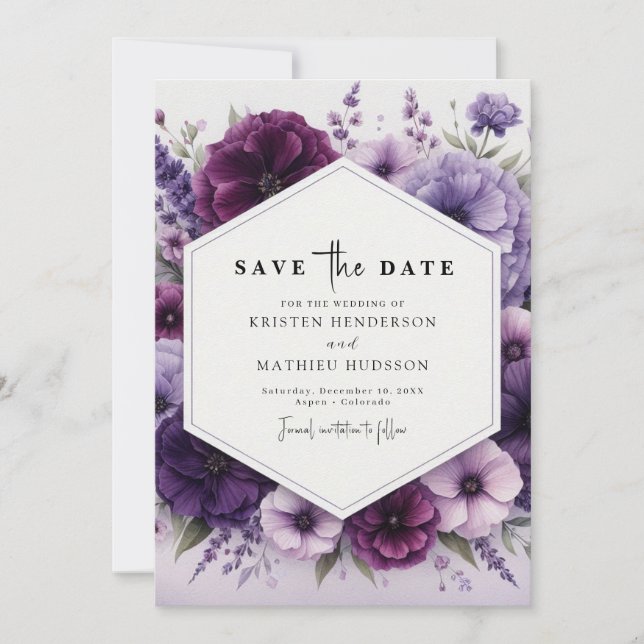 Minimalist Boho Purple Floral Wedding Save The Date (Front)