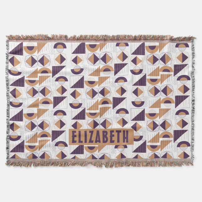 Minimalist Boho Purple & Gold Abstract Custom Name Throw Blanket (Front)