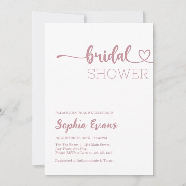Minimalist Boho Rose Gold and White Bridal Shower Invitation (Front)