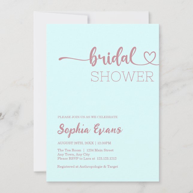 Minimalist Boho Rose Gold Light Cyan Bridal Shower Invitation (Front)