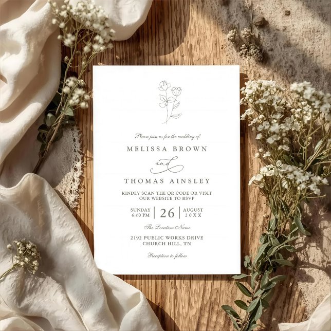 Minimalist Boho Sage Floral Modern QR Code Wedding Invitation (Creator Uploaded)
