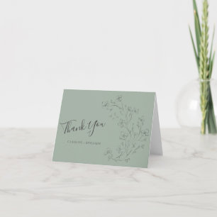 Minimalist Boho Sage Green Floral Art Wedding Thank You Card
