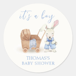Minimalist Boho Stroller Rabbit Boy Baby Shower Classic Round Sticker