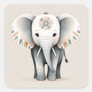 Minimalist Boho Style Decorated Elephant  Square Sticker