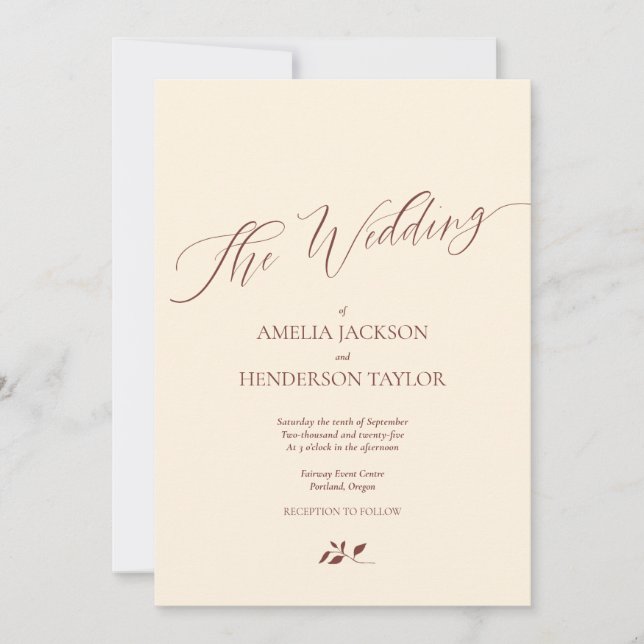 Minimalist Boho Terracotta Cream Script Wedding Invitation (Front)