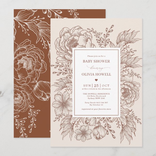 Minimalist Boho Terracotta Floral Line Baby Shower Invitation (Front/Back)