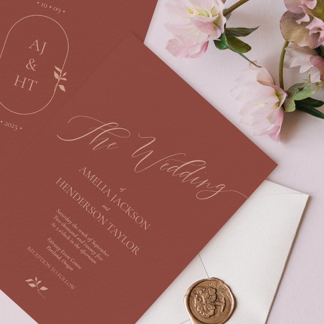 Minimalist Boho Terracotta Script Wedding Invitation (Terracotta minimalist bohemian wedding invitation)
