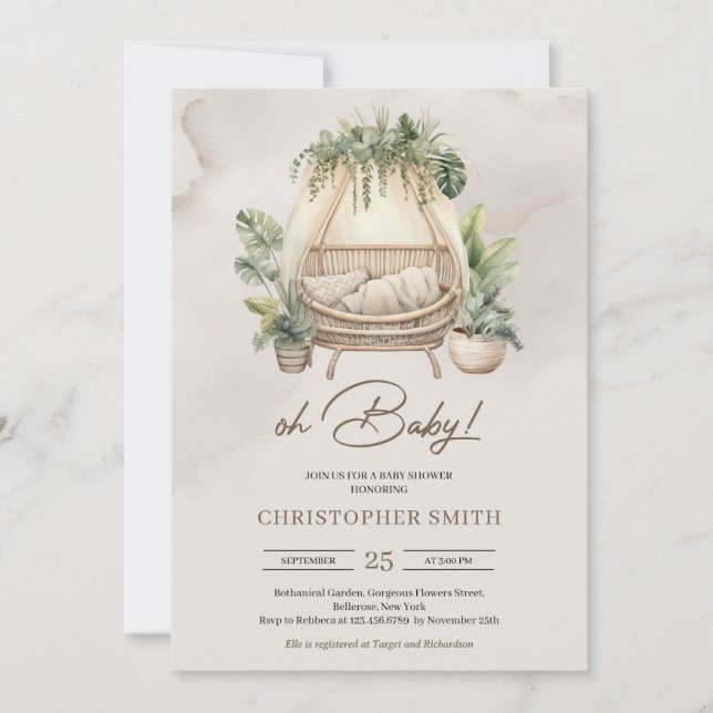 Minimalist Boho tropical greenery baby crib Baby Invitation (Front)