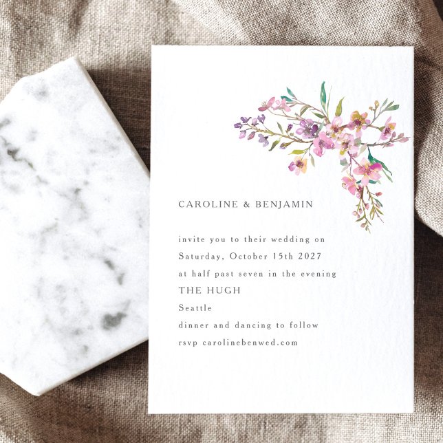 Minimalist Boho Whimsical Pink Wildflowers Wedding Invitation (Creator Uploaded)