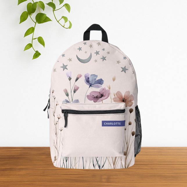 Minimalist Boho Wildflower Custom Name Printed Backpack (Cute Pastel Wildflower Girly Watercolor Floral Backpack
)