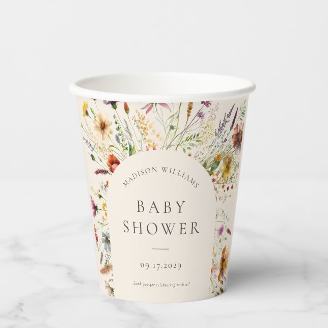 Minimalist Boho Wildflower Floral Baby Shower Paper Cups (Front)