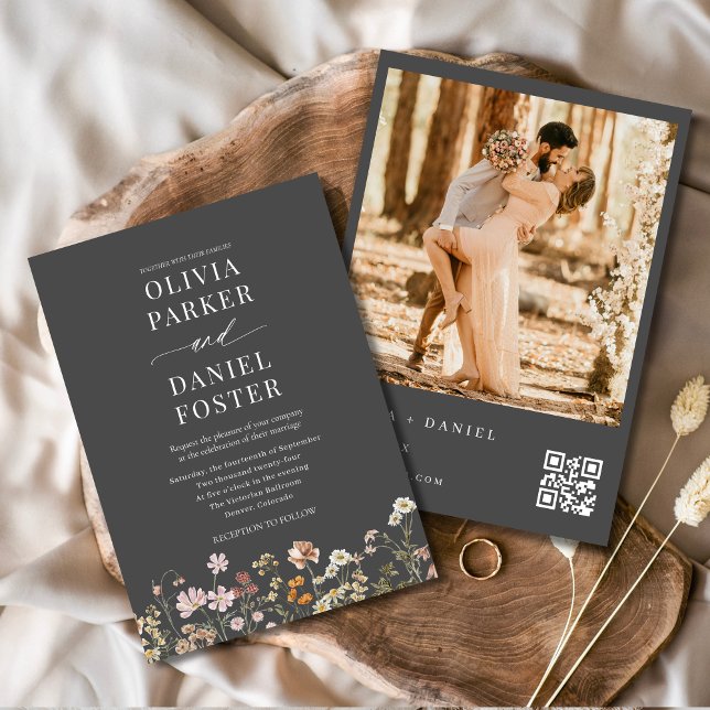 Minimalist Boho Wildflower QR Code Photo Wedding  Invitation (Creator Uploaded)