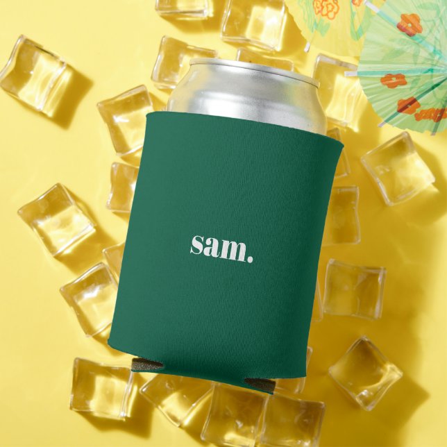 Minimalist bold custom text green can cooler (In Situ Summer)