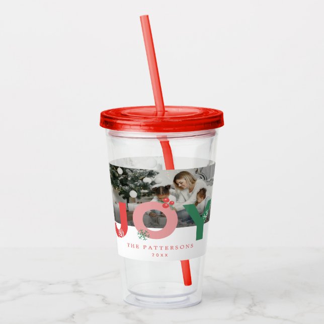 Minimalist Bold Joy Script 3 Photo Collage Holiday Acrylic Tumbler (Left)